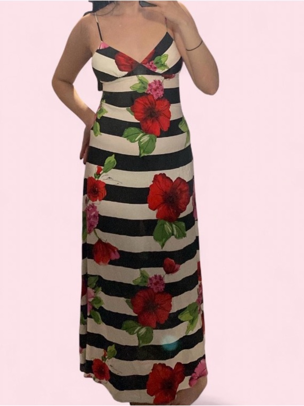 B. Darlin black white striped v neck flowy maxi dress, medium